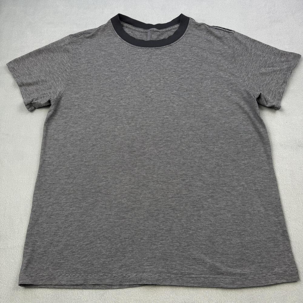 Lululemon Shirt Mens Medium Gray Black Short Sleeve Striped Ringer Athletic Tee